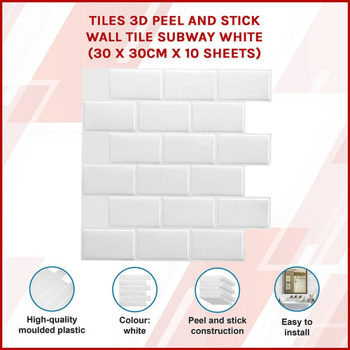 Tiles 3D Peel and Stick Wall Tile – Self-Adhesive Subway White Design Pack of 10 Sheets
