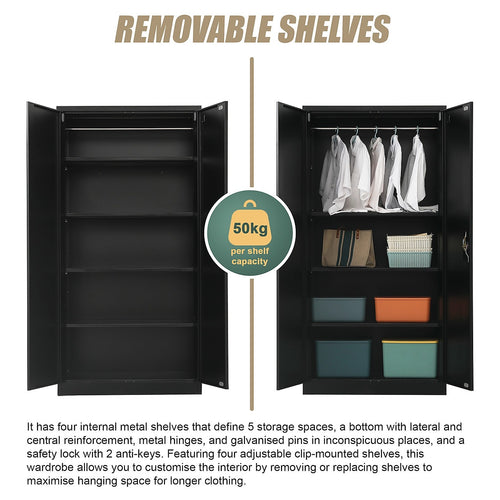 Double-Door Metal Cabinet with 4 Shelves – Office, Garage, or Home Storage in Black without Legs