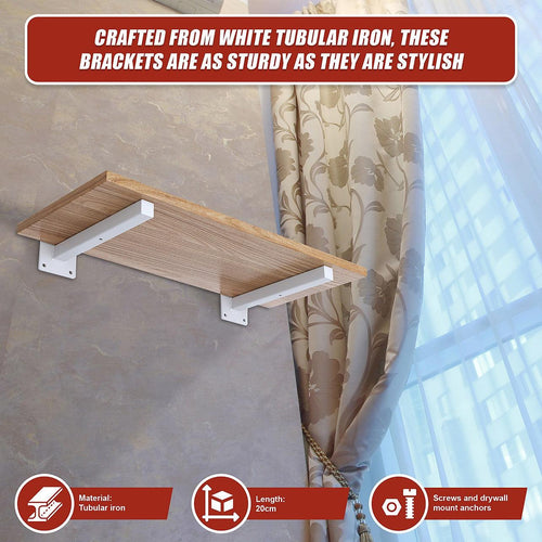 20cm Floating Shelf Brackets Industrial Metal Shelving Supports 4-Pack - White