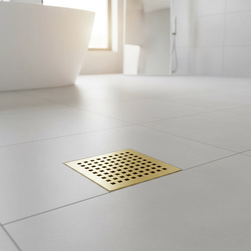 15 x 15cm Square Shower Drain with Grid Pattern Grate – Brushed Gold Stainless Steel