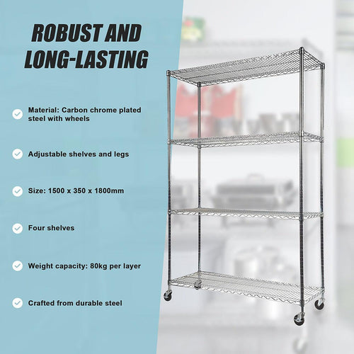 Modular Wire Storage Shelf 1500 x 350 x 1800mm Steel Shelving - Carbon Chrome Plated with Wheels