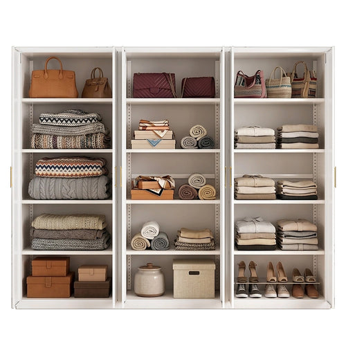 240x200cm 6-Door White Steel Shelf Wardrobe with Gold Handle Storage Cabinet