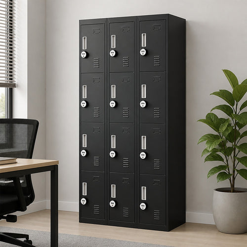12-Door Steel Locker – Black, 4-Digit Combination Lock