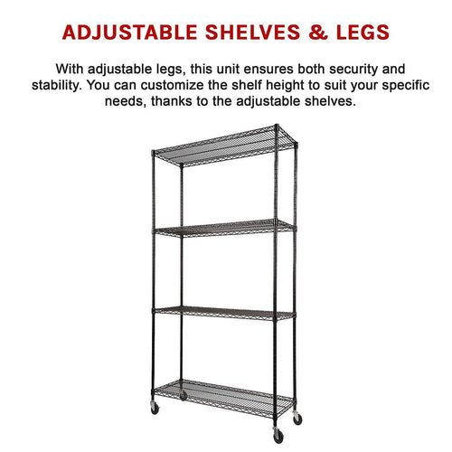 Modular Wire Storage Shelf 900 x 450 x 1800mm Steel Shelving - Baking Black Technology with Wheels