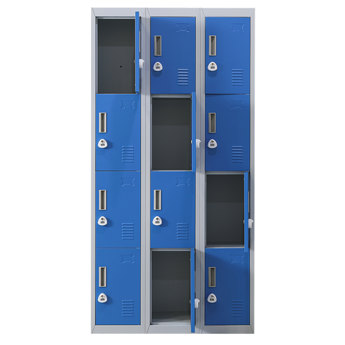 12-Door Locker – Grey with Blue Door with 3-Digit Combination Lock | Secure Storage for Office, Gym or School Use