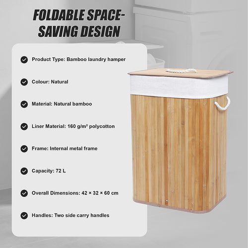 72L Wood Bamboo Laundry Hamper with Lid & Removable Liner Bag