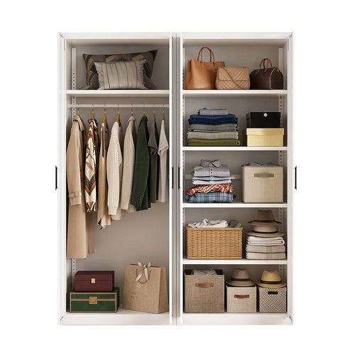 160x200cm 4-Door White Steel Hanging and Shelf Wardrobe with Black Handle Storage Cabinet
