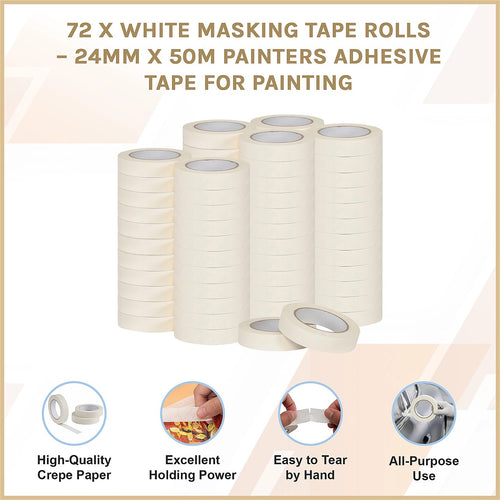 72 x White Masking Tape Rolls – 24mm x 50m Painters Adhesive Tape for Clean Paint Lines