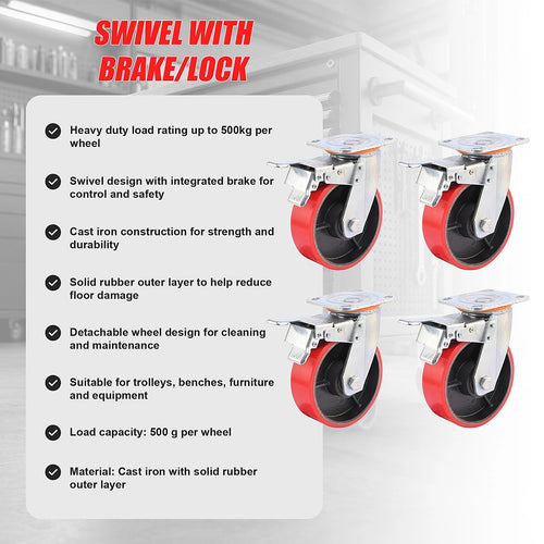 4 Pack 6 Inch Castor Wheels Heavy Duty 500kg Swivel with Brake