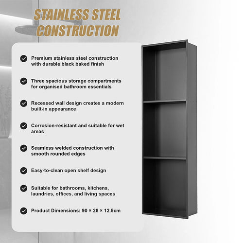 90cm Black Recessed Shower Niche 3-Tier Stainless Steel Bathroom Wall Storage Shelf