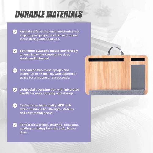 Portable Lap Desk with Mouse Pad & Cushion – Oak Finish Laptop Table