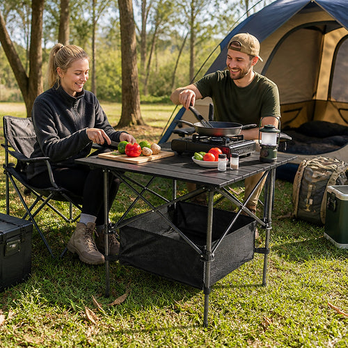 Folding Camping Table with Storage Net – Steel & Aluminium