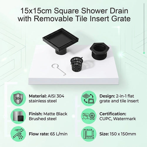 15 x 15cm Square Shower Drain with Tile Insert Grate – Matte Black Stainless Steel