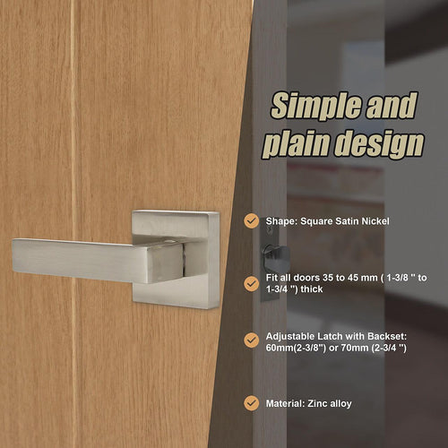 Door Handle Set Lever Passage Function Square Satin Nickel