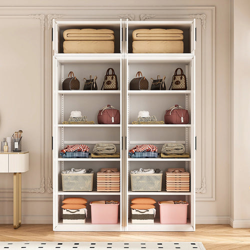 160x240cm 4-Door White Steel Shelf Wardrobe with Black Handle Storage Cabinet