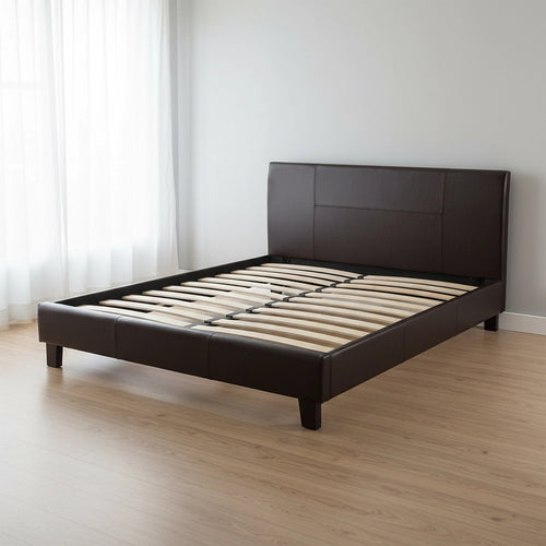 Double Size Bed Frame with Headboard – Brown PU Leather