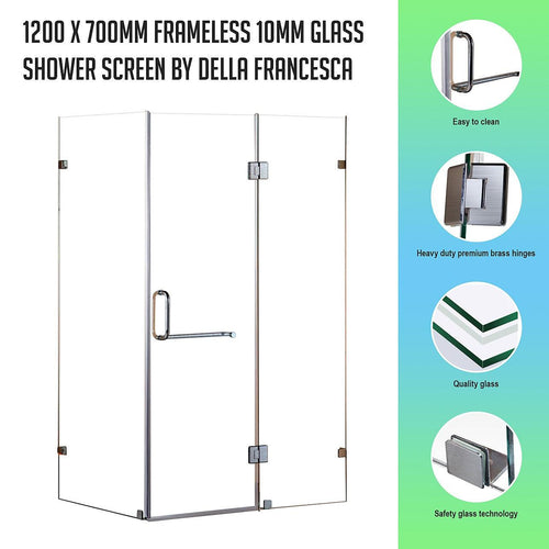 Frameless 10mm Glass Shower Screen 120 x 70cm Nickel Hinges/Brackets and Round Handle