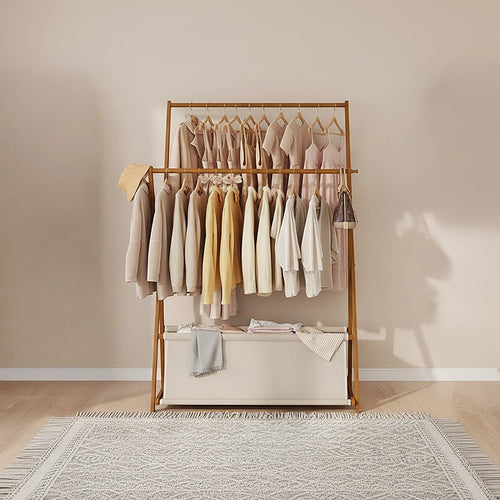 100x155cm Freestanding Clothes Rail Garment Rack in Dark Wood with Storage Shelf – Stylish, Space-Efficient Organiser