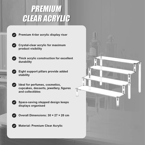 4 Tier Acrylic Display Riser Stand Clear Perfume Organiser Shelf for Cupcakes, Figures, Collectibles & Retail Displays
