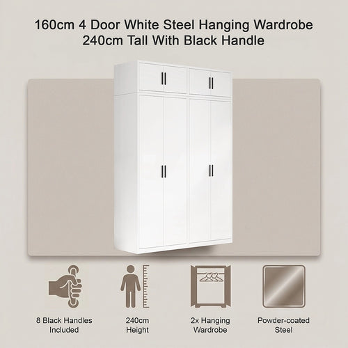 160x240cm 4-Door White Steel Hanging Wardrobe with Black Handle Storage Cabinet
