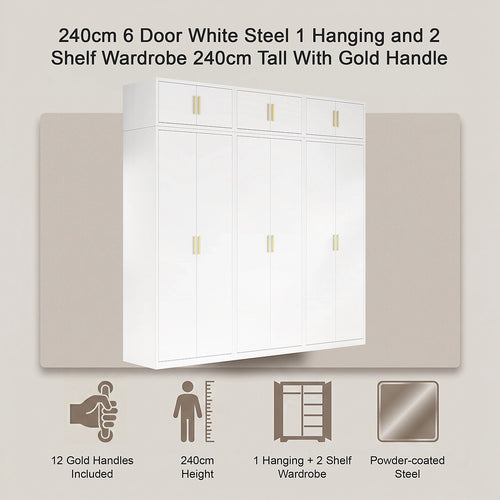 240x240cm 6-Door White Steel 1 Hanging and 2 Shelf Wardrobe with Gold Handle Storage Cabinet