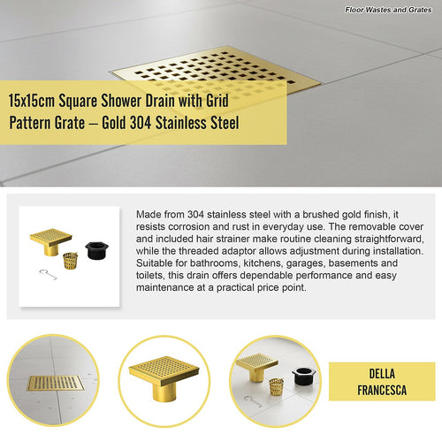 15 x 15cm Square Shower Drain with Grid Pattern Grate – Brushed Gold Stainless Steel