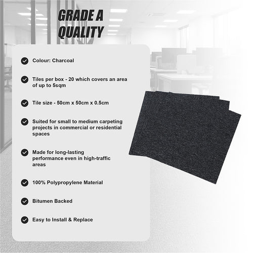 Premium Carpet Tiles in Charcoal – 5m² Pack for Home, Office & Commercial Flooring