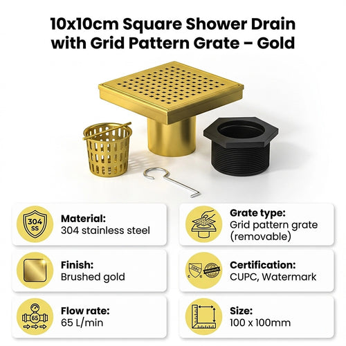 10 x 10cm Square Shower Drain with Grid Pattern Grate – Brushed Gold Stainless Steel