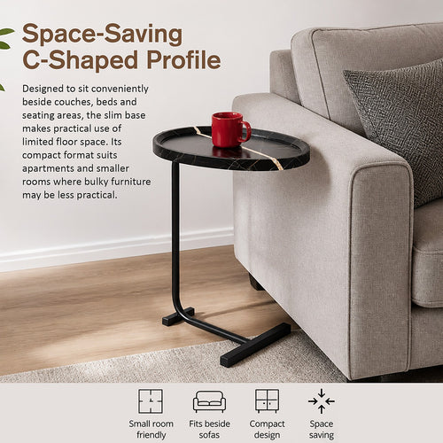 C-Shaped Side Table – Black Faux Marble for Small Spaces
