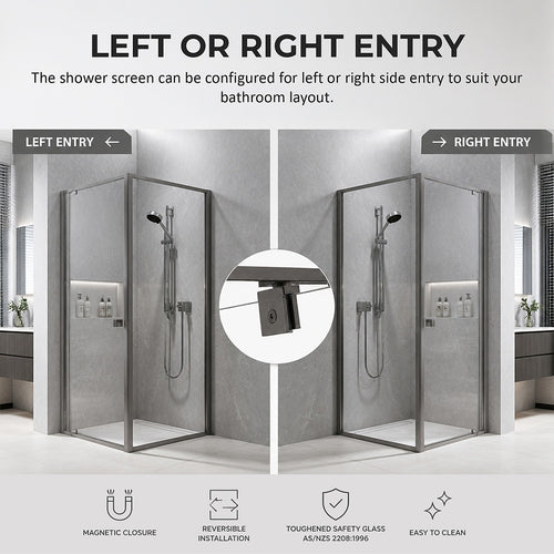 Semi-Frameless Shower Screen – Gunmetal, Front: (74~82)x195cm, Side: (89~92)x195cm