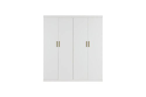 4 Door White Wardrobe Cabinet – Hanging Rail, Shelves & Gold Handles
