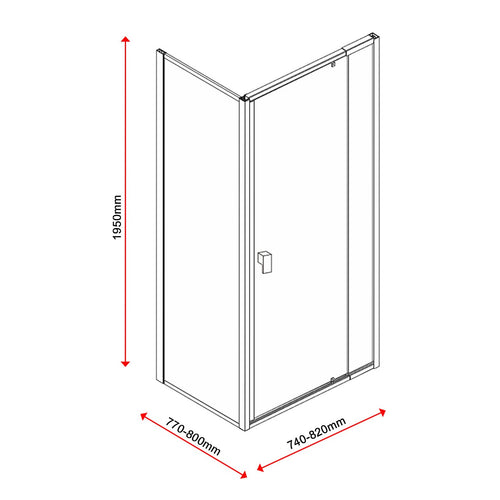 Adjustable Semi Frameless Shower Screen Front: (74~82)x195cm with Gold Hardware and Side: (77~80)x195cm