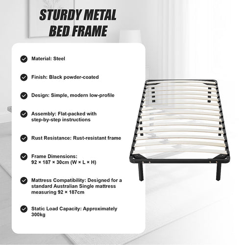 Metal Bed Frame for Single Mattress – Black Powder-Coated Steel Base