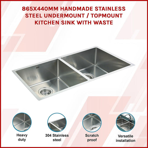 1.2mm Handmade Double Stainless Steel Sink with Waste - 865x440mm