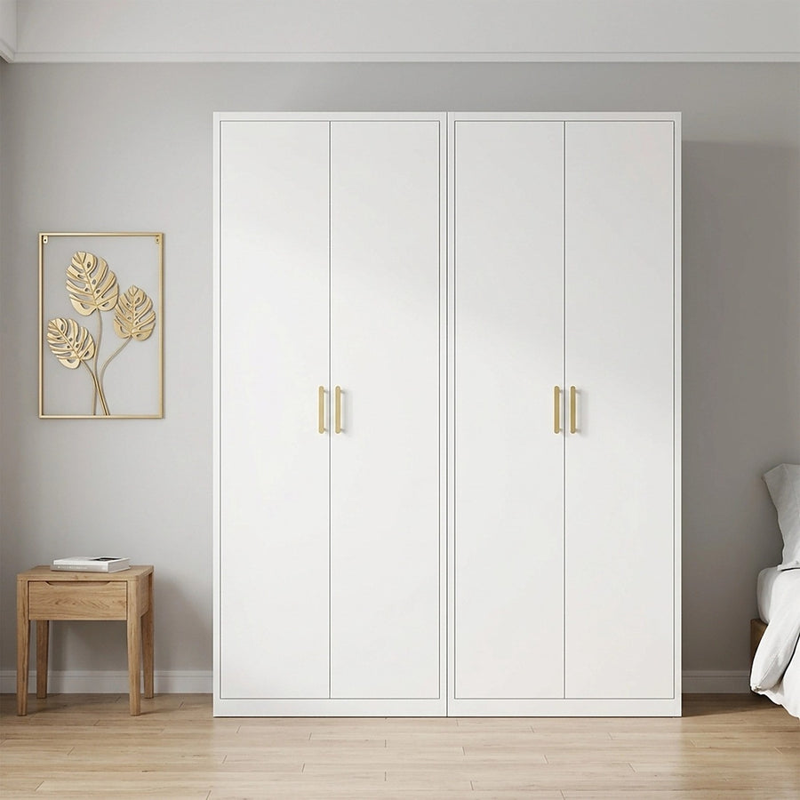 160x200cm 4-Door White Steel Hanging and Shelf Wardrobe with Gold Handle Storage Cabinet