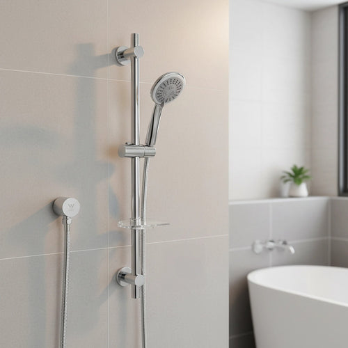 Chrome Hand Held Shower Rail Set with Soap Dish – Modern Bathroom Fixture