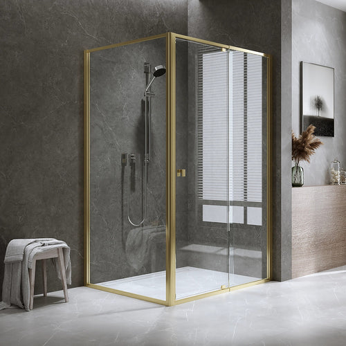 Adjustable Semi Frameless Shower Screen Front: (114~122)x195cm with Gold Hardware and Side: (98~101)x195cm