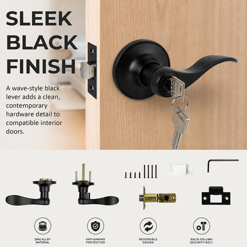 Door Handle Set Lever – Key Lock Function with Wave-style Black Design and Functional Style