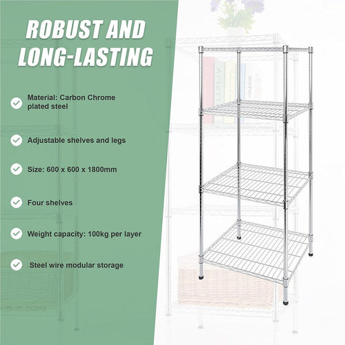 Modular Wire Storage Shelf 600 x 600 x 1800mm Steel Shelving - Carbon Chrome Plated