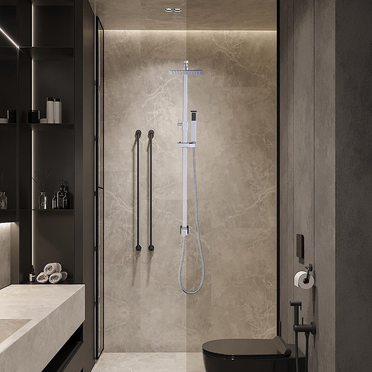 WELS 8 Rain Shower Head Set Square Dual Heads Faucet High Pressure Hand Held Chrome Finish Without Mixer DIY Renovation Bathroom Shower