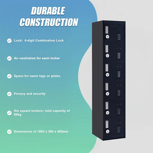 6-Door Black Metal Locker Cabinet – Vertical Storage with 4-Digit Combination Lock for Office, School