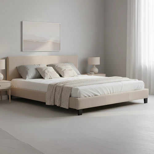 King Size Bed Frame with Headboard – Beige Linen Fabric