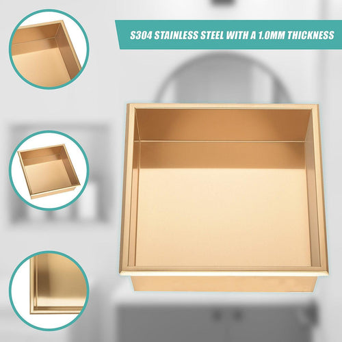 336 x 336 x 101mm Shower Niche Single Shelf Organizer No Tile Needed in Gold Finish