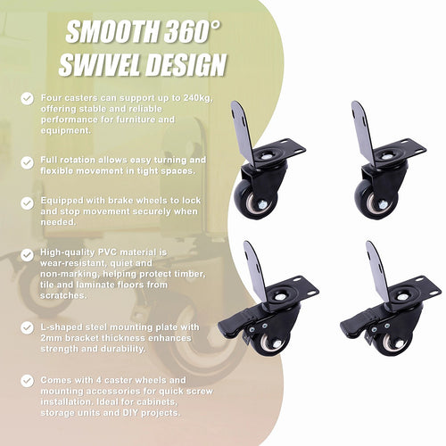 Side Mount Caster Wheels L-Shaped Heavy Duty PVC Set of 4