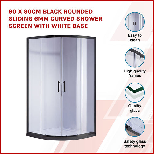 Curved Sliding Shower Screen 90x90cm – Black with White Base, 580mm Radius