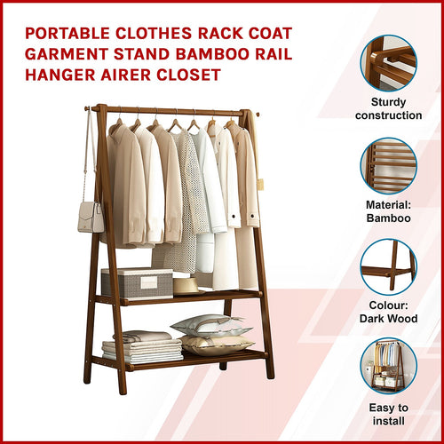 Portable Clothes Rack & Coat Garment Stand – Bamboo Rail Hanger Closet Airer in Dark Wood