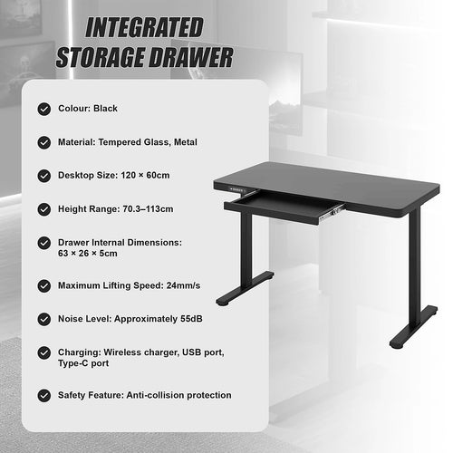 Electric Standing Desk 120x60cm Black Glass with Drawer & Wireless Charger