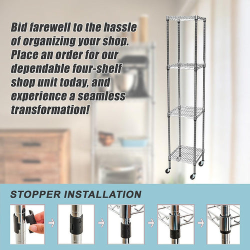 Modular Wire Storage Shelf 350 x 350 x 1800mm Steel Shelving - Carbon Chrome Plated with Wheels