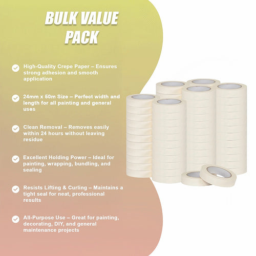 72 x White Masking Tape Rolls – 24mm x 50m Painters Adhesive Tape for Clean Paint Lines