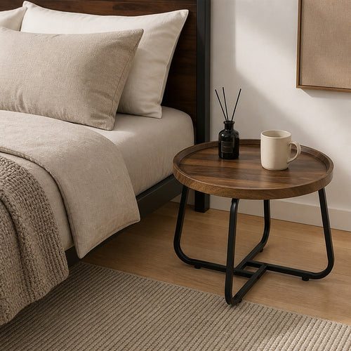 Round Side Table with Wood-Look Tray Top & Black Frame